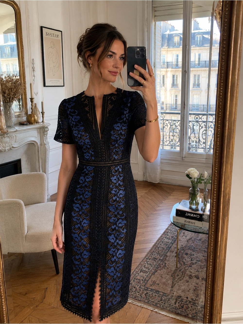 BCBGMaxAzria Blue and Black Lace-Accent Midi Dress